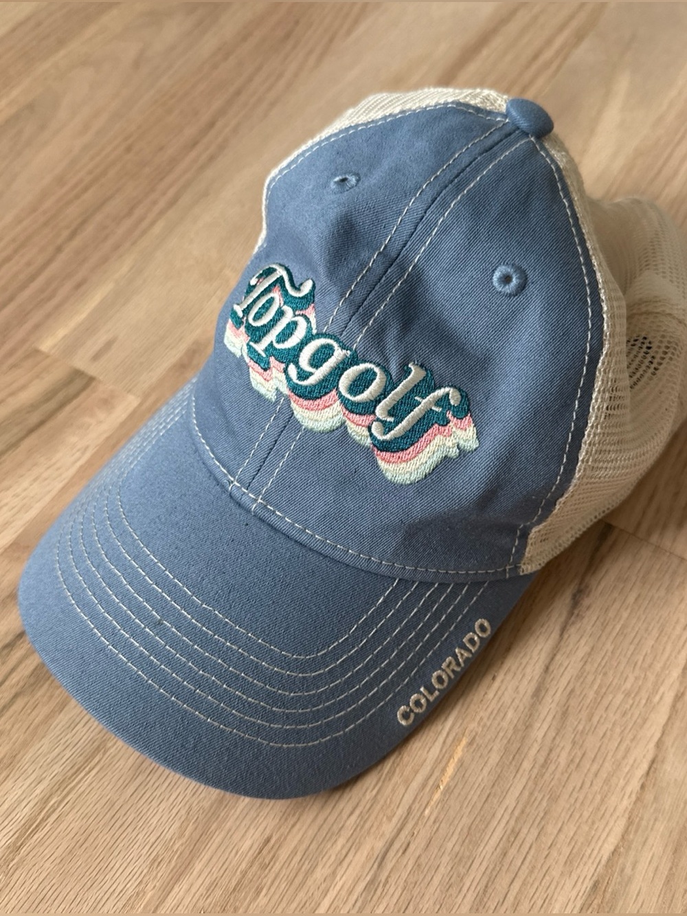 TopGolf Retro Logo Mens Dusty Blue Trucker Hat Snapback OSFM Colorado Branded
